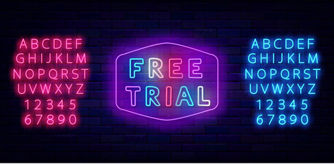 Free trial neon emblem. Colorful handwritten text. Shiny pink and blue alphabet. Promotion sign. Vector illustration
