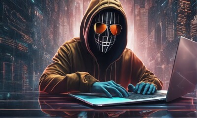 hacker in hoodie and hood with laptop in the background. hacker with laptop on the screen. hacker...