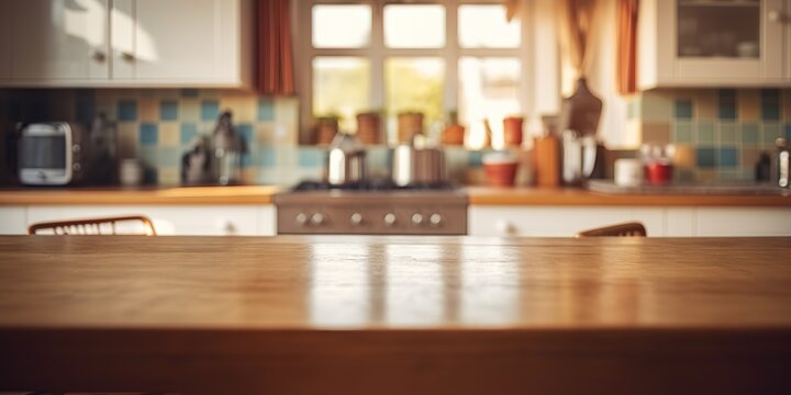 photo of a kitchen with a wooden table with a blur effect behind it. generative AI