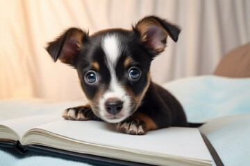 A heartwarming portrait of a tiny puppy nestled on a notebook, exuding cuteness and playfulness