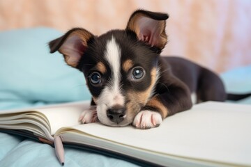 A heartwarming portrait of a tiny puppy nestled on a notebook, exuding cuteness and playfulness