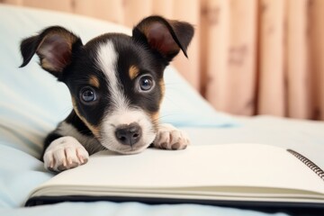 A heartwarming portrait of a tiny puppy nestled on a notebook, exuding cuteness and playfulness