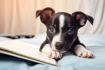 A heartwarming portrait of a tiny puppy nestled on a notebook, exuding cuteness and playfulness