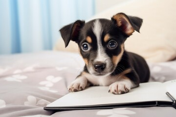 A heartwarming portrait of a tiny puppy nestled on a notebook, exuding cuteness and playfulness