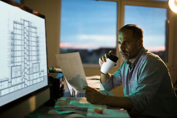 Middle aged architect having coffee while going over building plans in the office working overtime at night