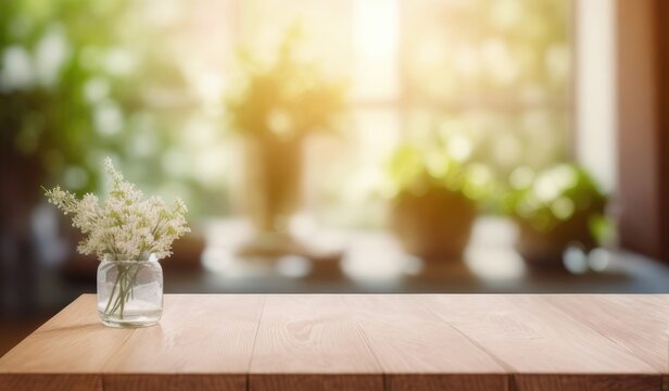 concept for product display. A wooden table near the window features a transparent vase set against a hazy image of a garden in the sunlight