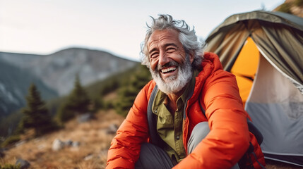 Happy and healthy senior man smiling while enjoying an active lifestyle in nature and outdoor camping - obrazy, fototapety, plakaty