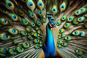 Close-up portrait of a beautiful peacock with colorful feathers