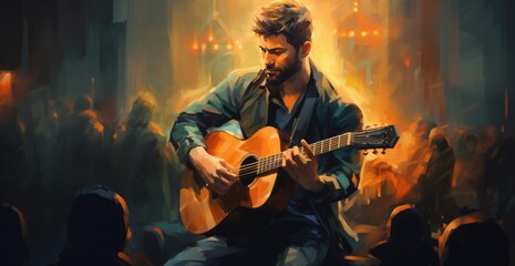 Musician with guitars singing at concert - obrazy, fototapety, plakaty