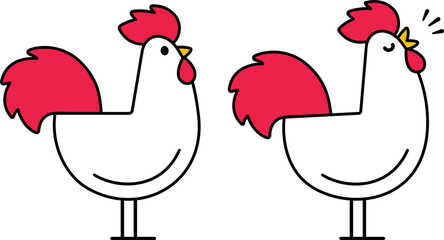 Cartoon rooster drawing in simple flat line icon style. Cute crowing cock illustration.