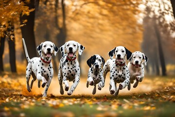 Cute funny dalmatian dogs group running and playing on green grass in park in autum