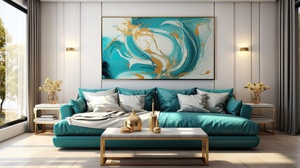 Luxurious Turquoise Marble Ink Painting Texture. Abstract Banner with Swirling Blue Waves, Gold Splashes, and 3D Tree Lines