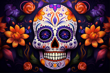 skull and cacti dia de muertos background, day of the dead poster with a colorful scene, greeting card design idea for dia de los muertos poster