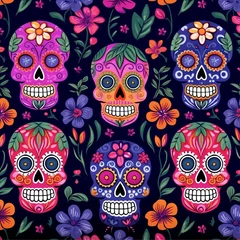 Naadloos Behang Airtex Schedel hand drawn flat dia de muertos skulls collection, colorful sugar skulls with flowers, set of day of the dead sugar skulls with flowers, 