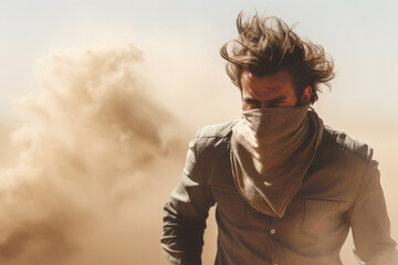 Man Wearing A Mask On His Mouth Walking In A Sand Storm. Ai Generated