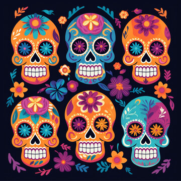 hand drawn flat dia de muertos skulls collection, colorful sugar skulls with flowers, set of day of the dead sugar skulls with flowers, 