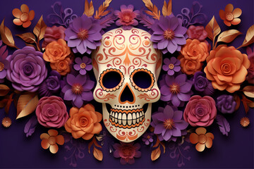 gradient dia de muertos celebration background, happy dia de muertos on purple background, day of the dead flowers card, dia de muertos theme