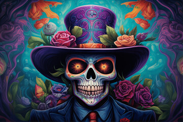 dia de los muertos, featuring a skeleton holding a skull hat, dia de los muertos colorful skeleton in tejas and hat