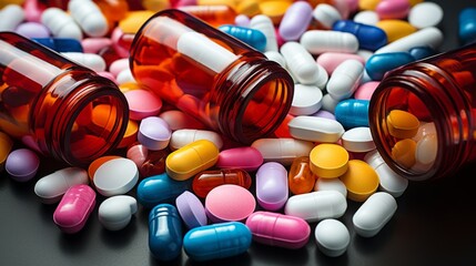 A set of Pills. Medication, pharmaceuticals, tablets, capsules, prescription drugs - obrazy, fototapety, plakaty