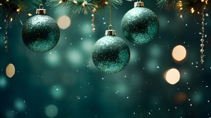 Green Christmas balls with gold lights on abstract defocused dark background