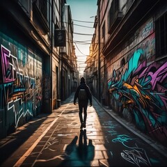 Young Man In A Hoodie Walking Through A Narrow Street With Lots Of Graffitis