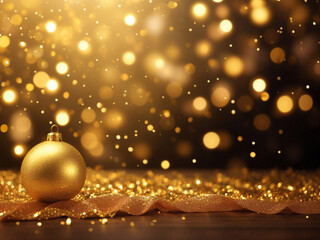 Fototapeta na wymiar golden bauble christmas ornament and festive glittering lights background bokeh blur with copyspace