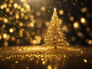 glitter falling on golden christmas tree and shimmering lights blur seasonal background with copyspace