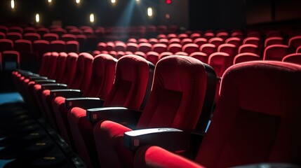 red chairs lined up inside a cinema, theater. generative AI