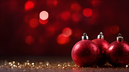 Red Christmas balls with gold lights on abstract defocused dark background