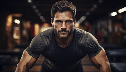 Obraz premium Young man in the gym doing weights. Generative AI