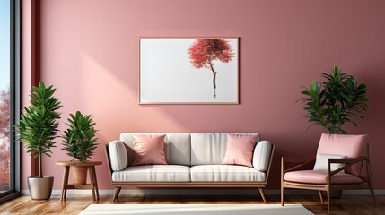 Minimalist Modern Living. Sofa, Terra Cotta Lounge Chair, and Art Posters Against Wall in Home Interior

