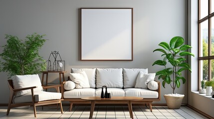 Minimalist Modern Living. Sofa, Terra Cotta Lounge Chair, and Art Posters Against Wall in Home Interior
