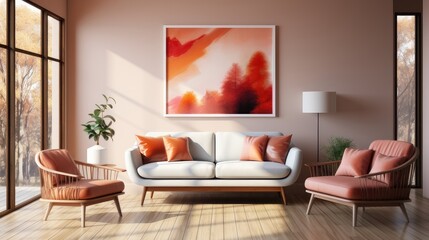 Minimalist Modern Living. Sofa, Terra Cotta Lounge Chair, and Art Posters Against Wall in Home Interior

