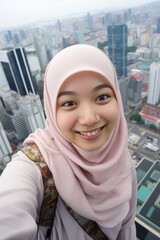 Young muslim woman takes selfie on her phone on the observation deck of building overlooking the city