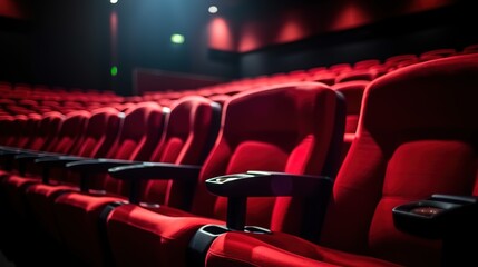 Obraz premium red chairs lined up inside a cinema, theater. generative AI