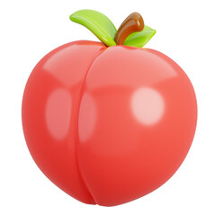 Fresh peach with green leaves isolated. Cartoon fruits icon. 3d render illustration.