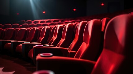 red chairs lined up inside a cinema, theater. generative AI
