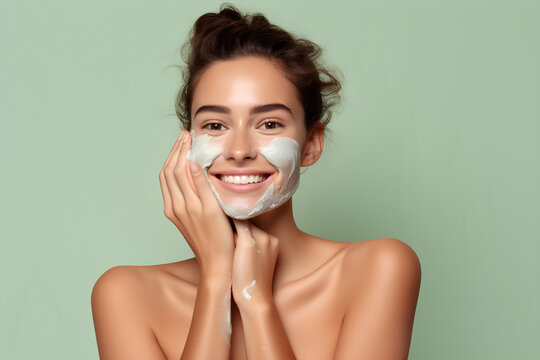 Close Up Portrait Of Young Black Women Smiling With Green Clay Mask On Face Natural Organic Skincare Beauty Shot