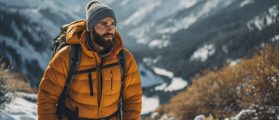 brunette bearded hiker in a snowy winter mountain landscape - Powered by Adobe