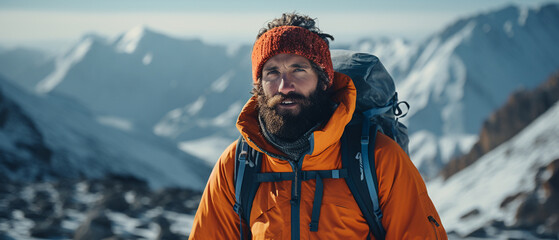 brunette bearded hiker in a snowy winter mountain landscape - obrazy, fototapety, plakaty