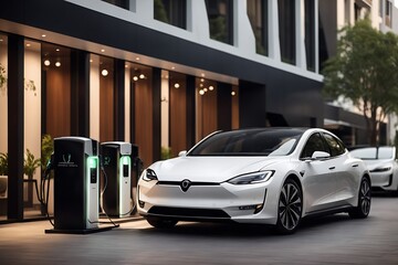 Obraz premium Witness the fusion of luxury and sustainability as affluent individuals recharge their electric cars at upscale stations. These images represent eco-conscious travel in style