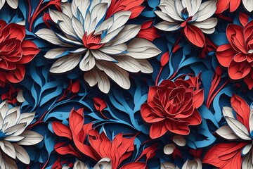 Elegant floral pattern tile ready with bold red and soft white blooms on deep blue. Intricate tendrils intertwine, botanical artistry and vibrant contrast,  floral pattern featuring bold red and blue - obrazy, fototapety, plakaty