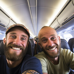 HAPPY GAY COUPLE TAKING SELFIE IN THE AIRPLANE CABIN. image created by legal AI