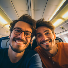 HAPPY GAY COUPLE TAKING SELFIE IN THE AIRPLANE CABIN. image created by legal AI