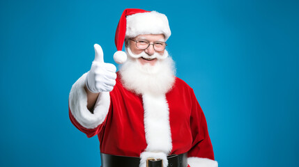 SANTA CLAUS SHOWING THUMBS UP ON BLUE BACKGROUND HORIZONTAL IMAGE. image created by legal AI
