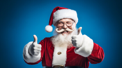 SANTA CLAUS SHOWING THUMBS UP ON BLUE BACKGROUND HORIZONTAL IMAGE. image created by legal AI
