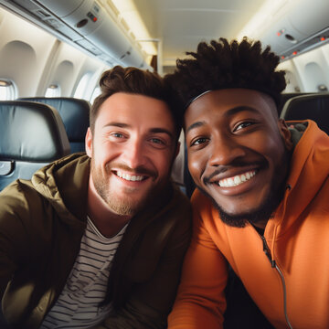 MULTINATIONAL GAY COUPLE TAKING SELFIE IN THE AIRPLANE CABIN. image created by legal AI