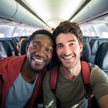 MULTINATIONAL GAY COUPLE TAKING SELFIE IN THE AIRPLANE CABIN. image created by legal AI