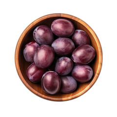 Fototapeta premium Top view of plums fruit in a wooden bowl isolated on a white transparent background 
