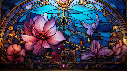 stained glass window of abstract background with flowers in the church.